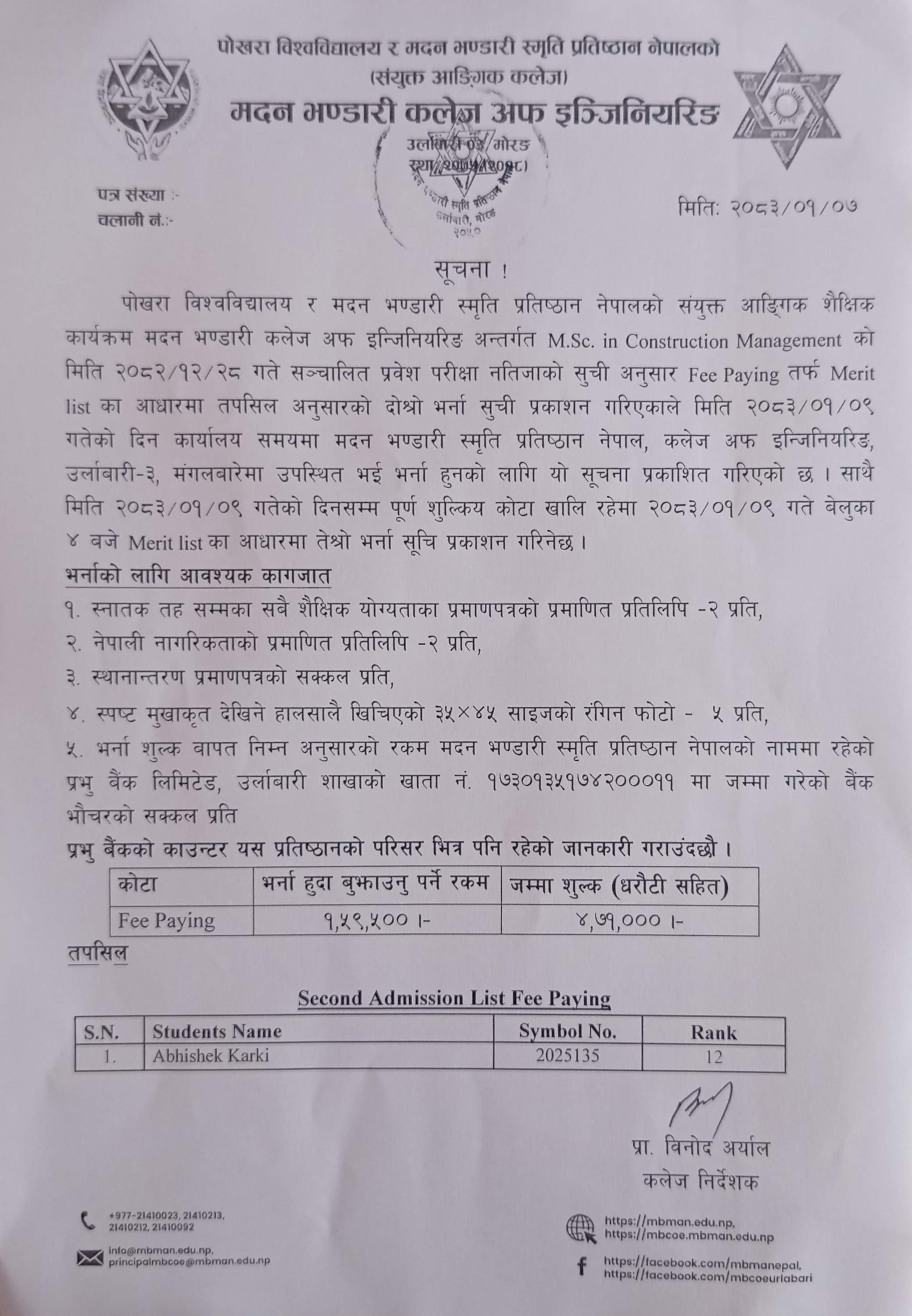 M.Sc. in C.M. 2nd Admission List